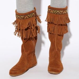 Minnetonka Tall Suede Double Fringe Moccasin Boots